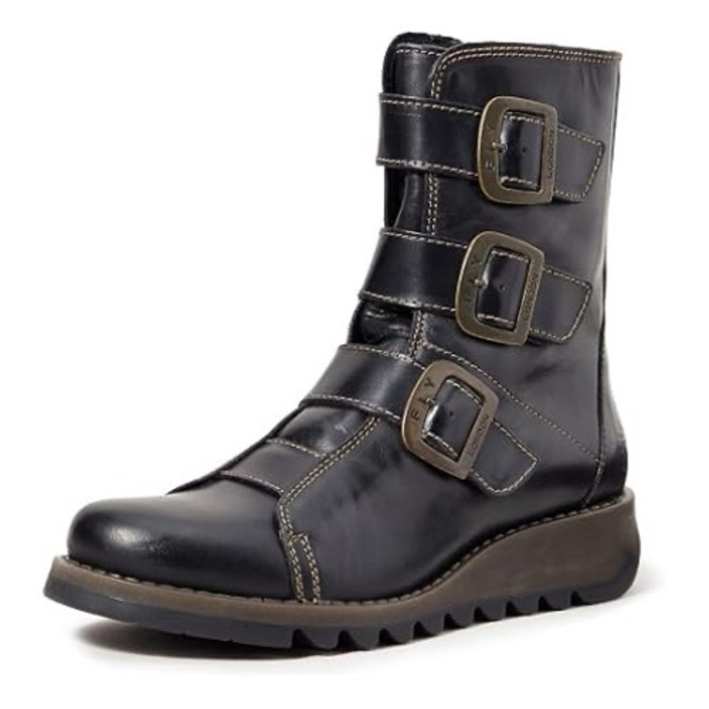 Fly London Mes 2 Womens Black Leather Triple Buckle Mid Calf Wedge Boots Size 41